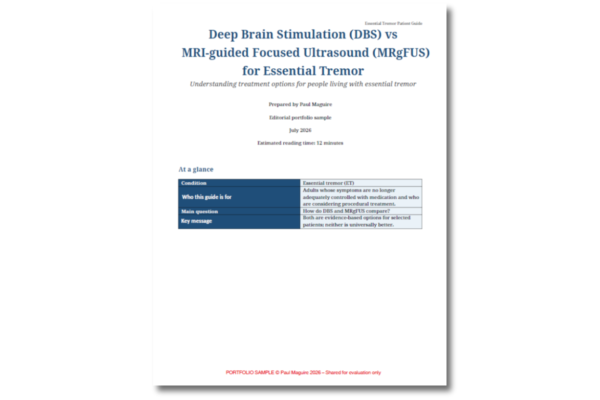 DBS vs Focused Ultrasound for Essential Tremor Cover of Paul Maguire’s technical and patient information PDF